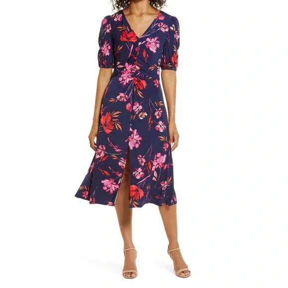 Vince Camuto | Dresses | Vince Camuto Floral Ruched Front Aline Midi Dress  Navy Multi Pink Reemoly | Poshmark